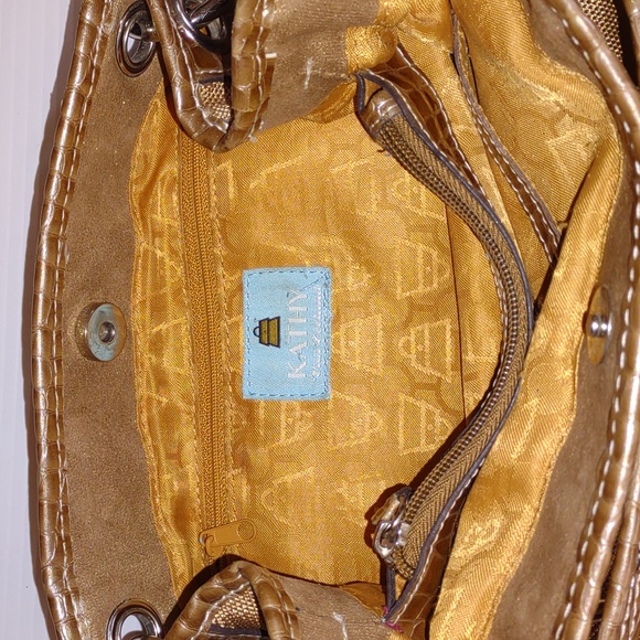 🐰☮VINTAGE☮ KATHY VAN ZEELAND Gold Fabric/Croc Leather Hobo - Picture 4 of 13